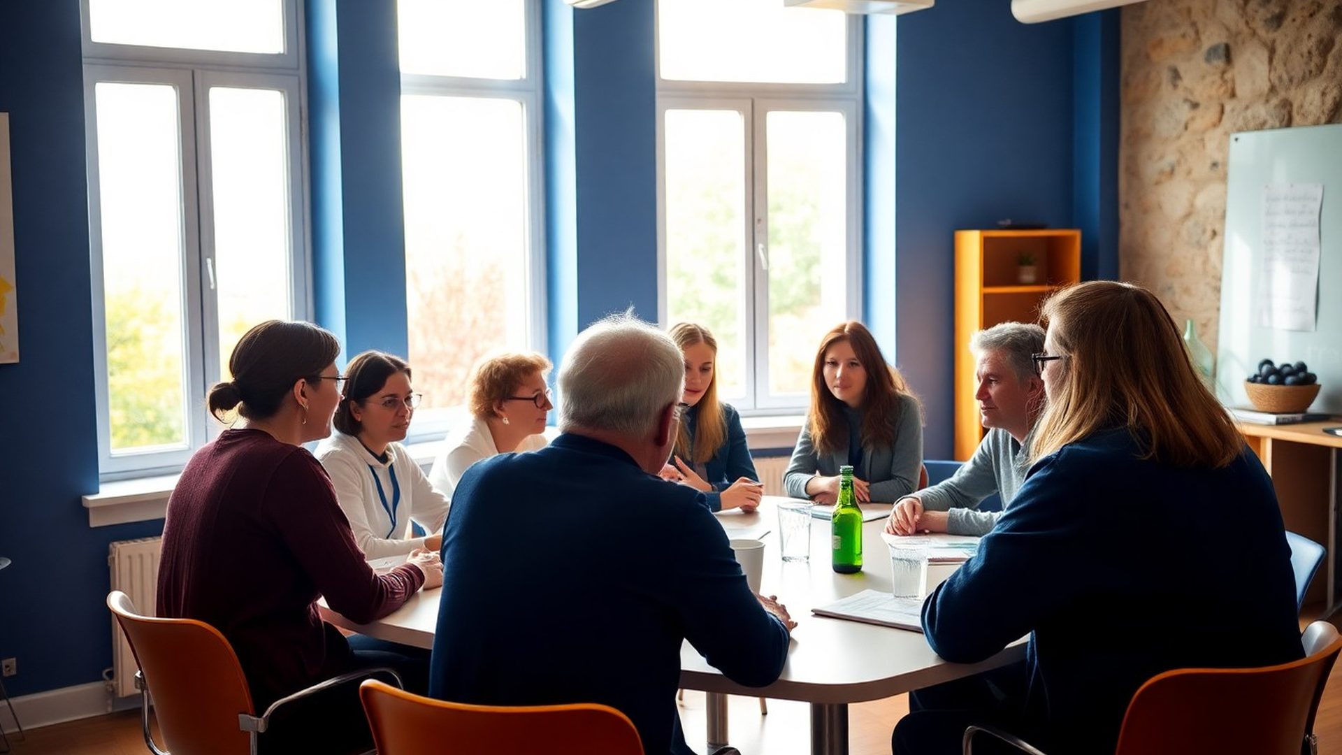 Polaznici Studija Babić u razgovoru za stolom u indigo-toniranoj učionici u Zagrebu
